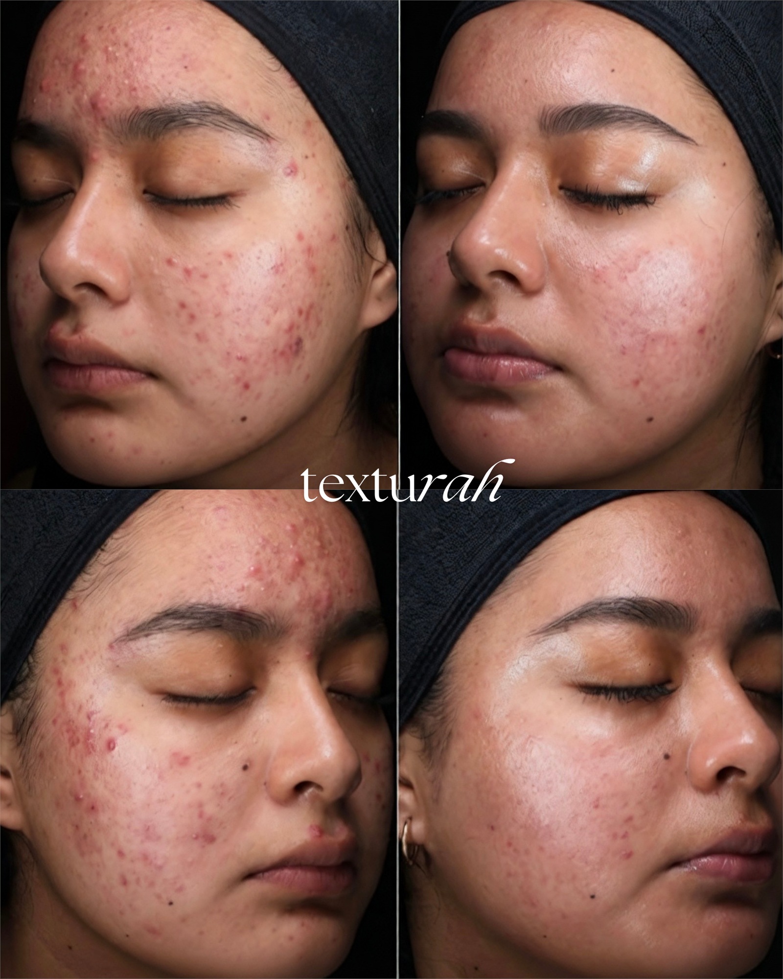 Four close up facial skin views with varying levels of visible breakouts and redness.