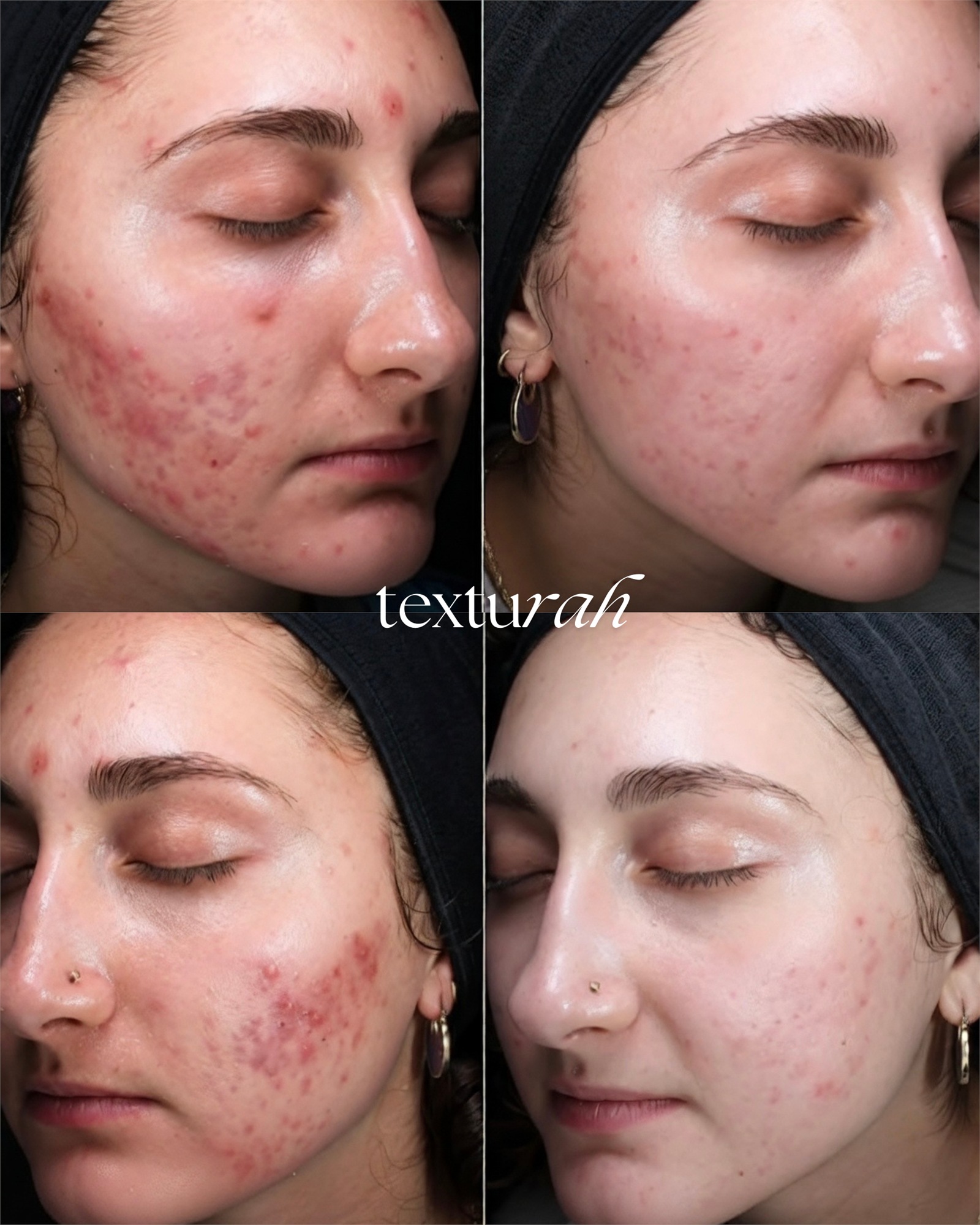 Four close up facial skin views with varying levels of visible acne and redness.