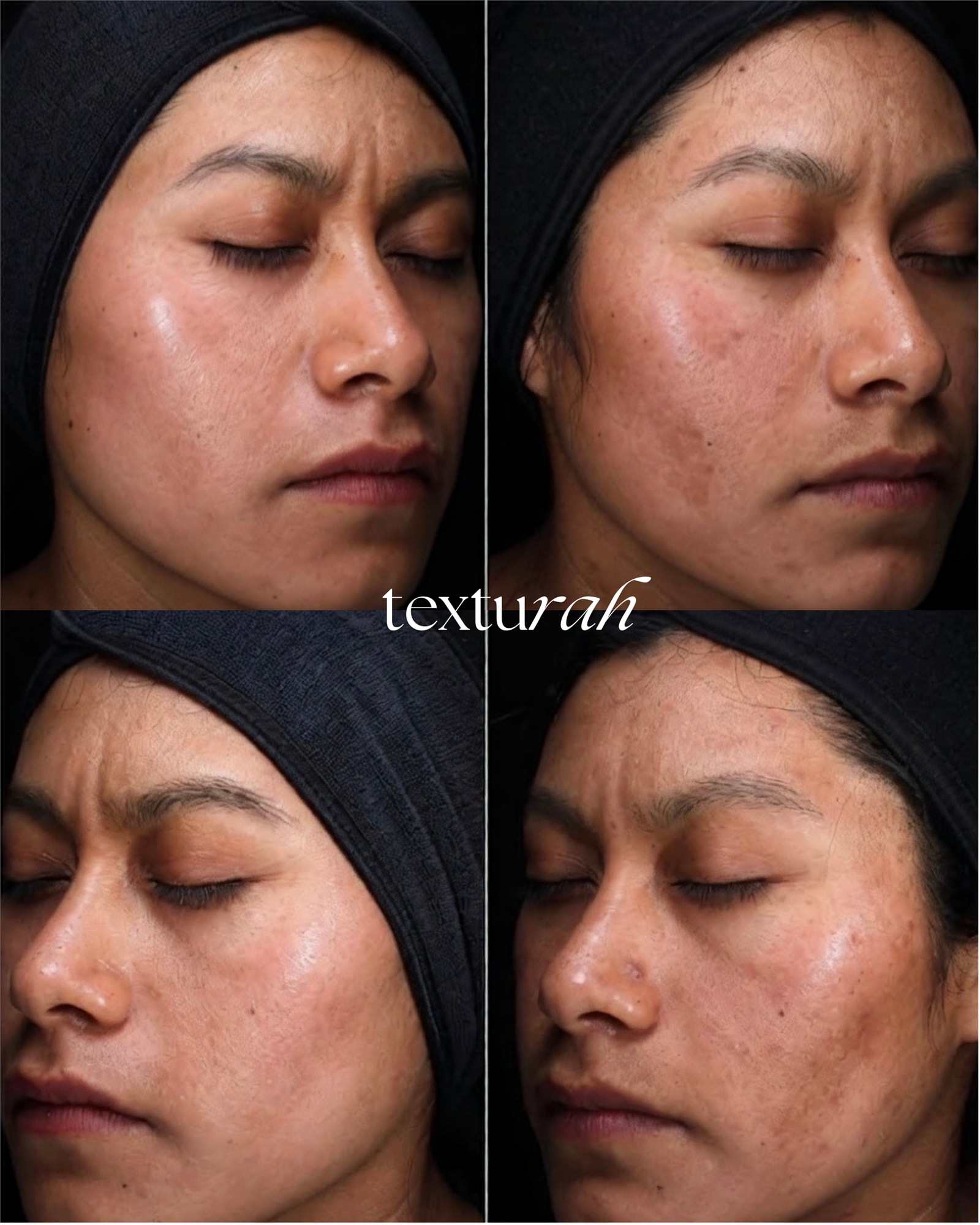 Four close up facial skin views showing variations in tone and surface texture.