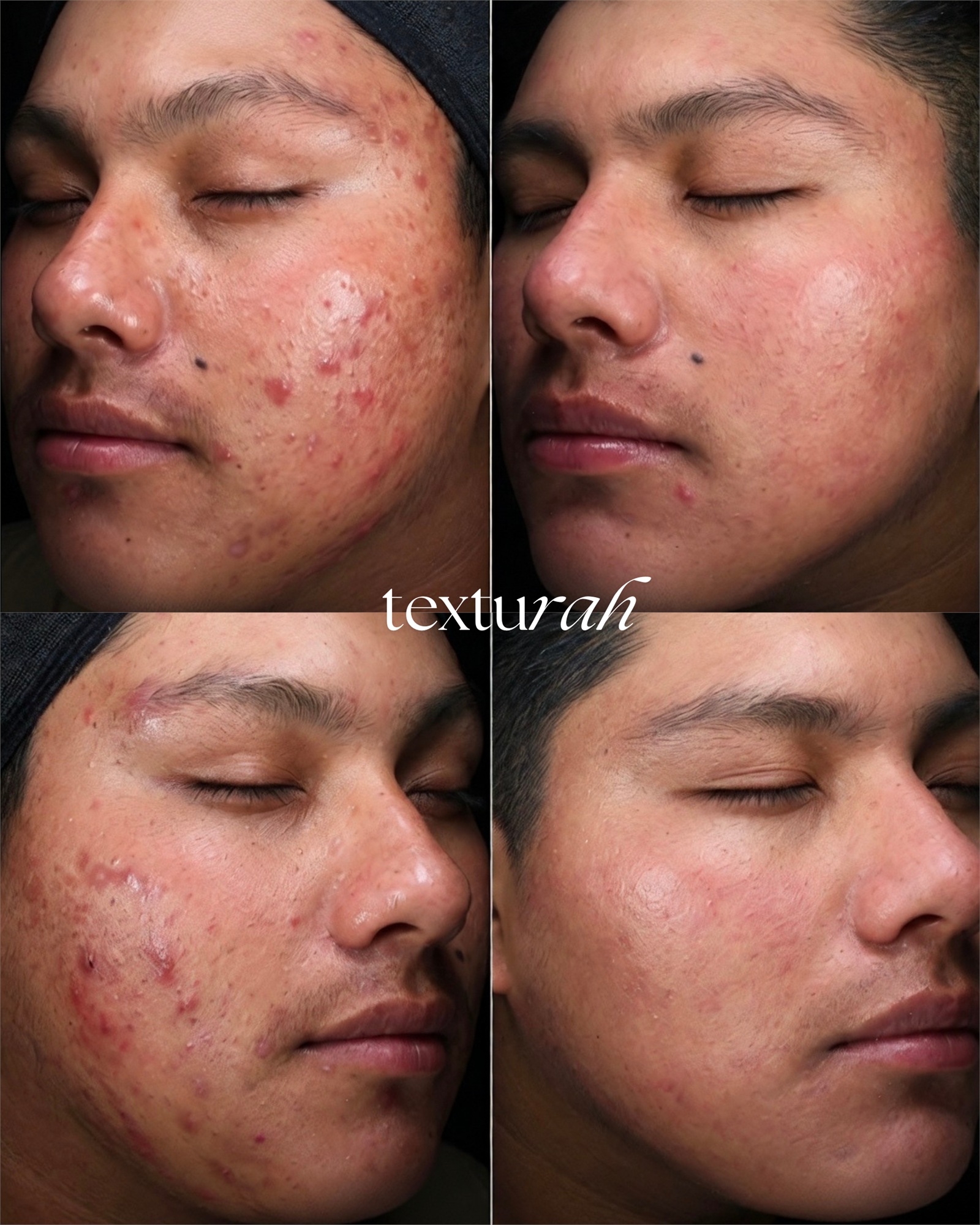 Four close up facial skin views with varying levels of visible breakouts, redness and texture.