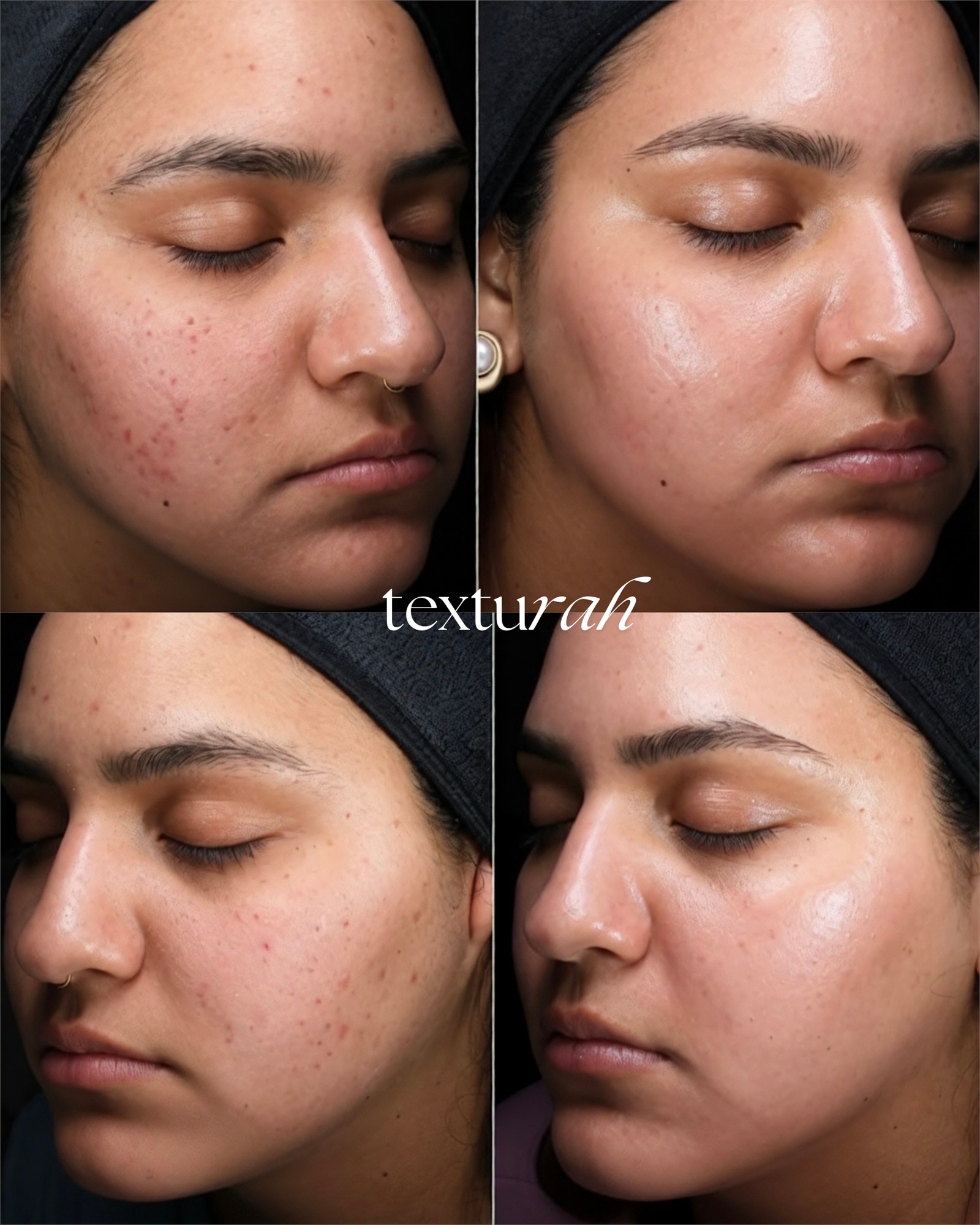 Four close up facial skin views showing variations in visible spots and overall clarity.